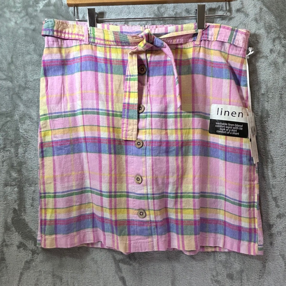 Dash Womens Pink Multi Madras Plaid Linen Blend Bermuda Skort Size M NEW